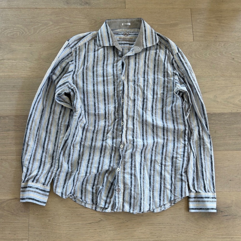 Bugatchi Uomo Mens Shaped Fit Striped Paisley Jacquard Button Down Shirt Blue L